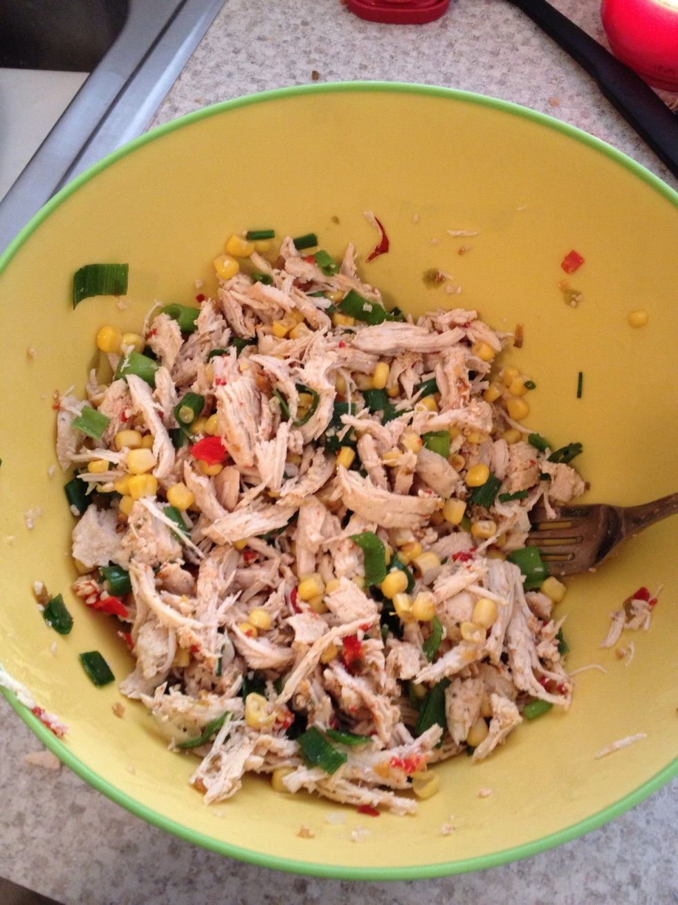 Combine all your ingredients; chicken, green onions and can of corn.