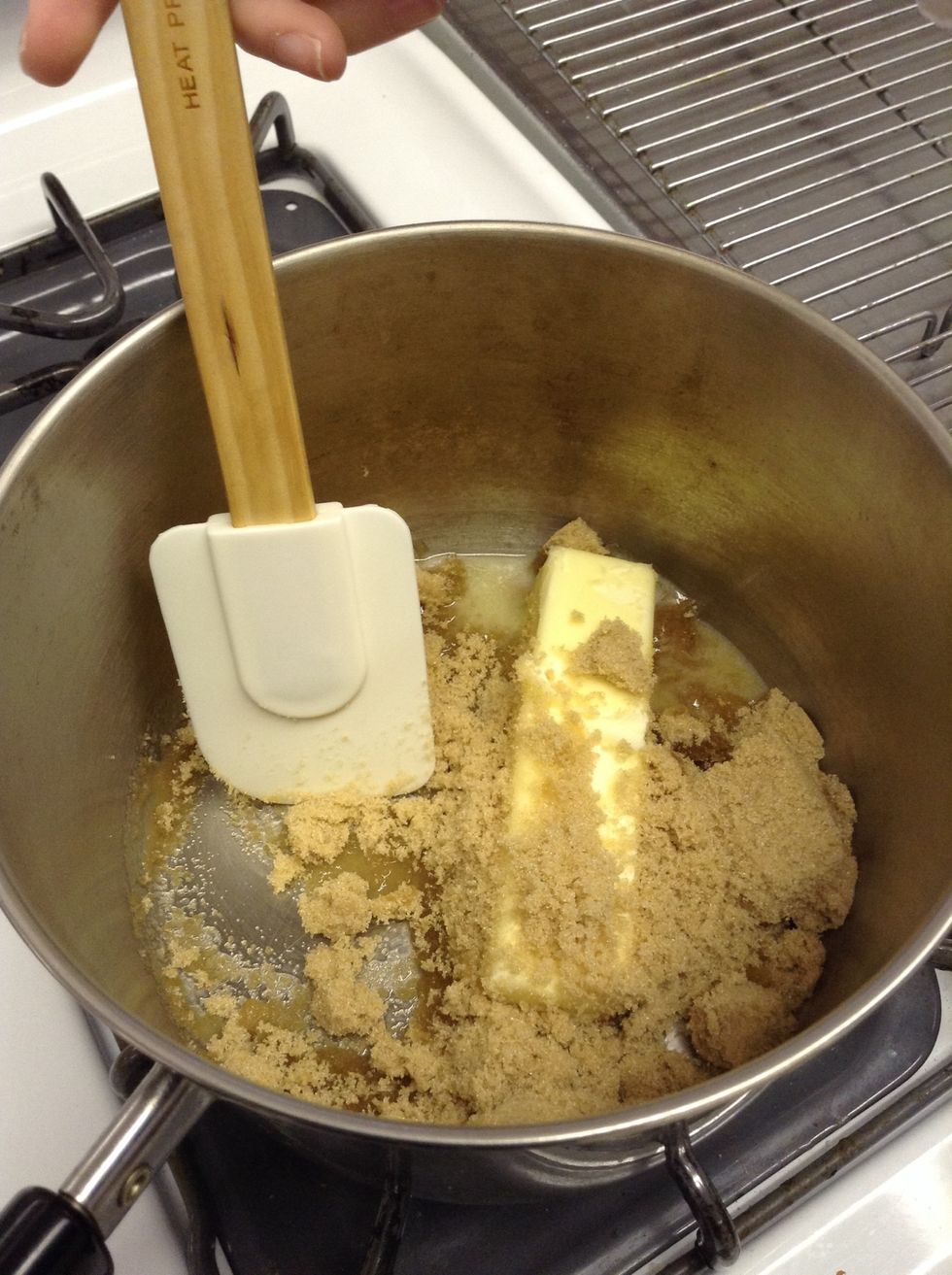 Combine butter and brown sugar with a HEAT PROOF rubber spatula.
