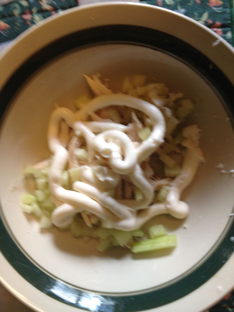 Combine chicken with celery and a generous squeeze of mayonnaise