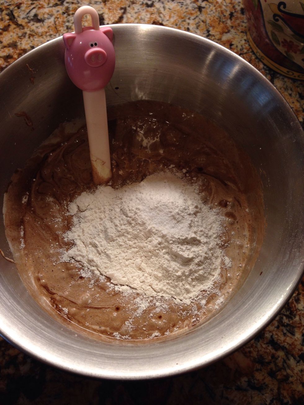 Combine chocolate mixture, with egg and sugar mixture. Add flour and salt, carefully combine. Don't over mix.
