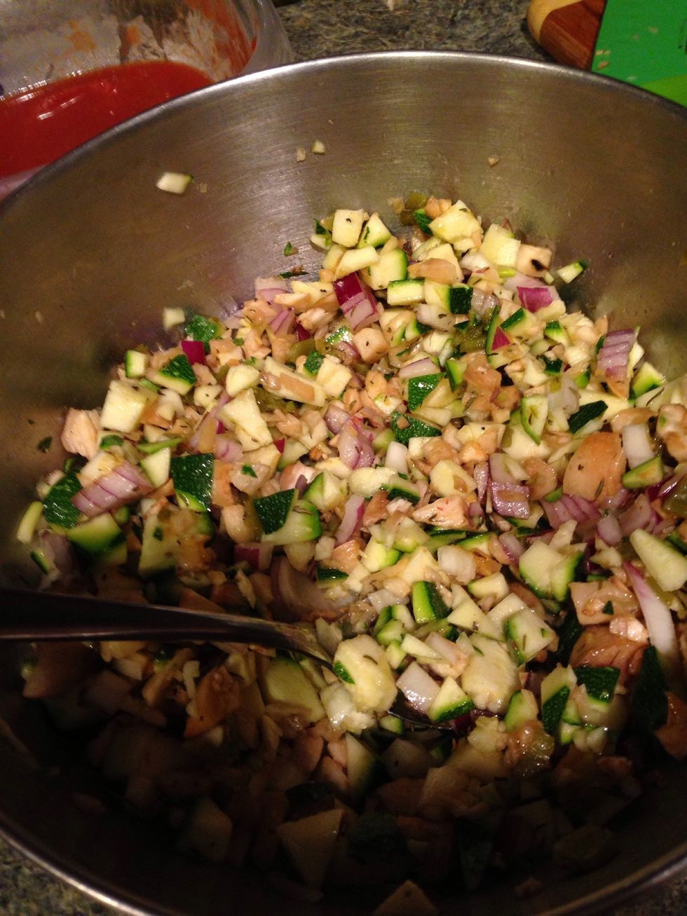 Combine chopped vegetables, salt and pepper to taste and a wee bit of cooking oil. This is your stuffing. You may want to add almond meal at this point to make it more "stuffing-like".