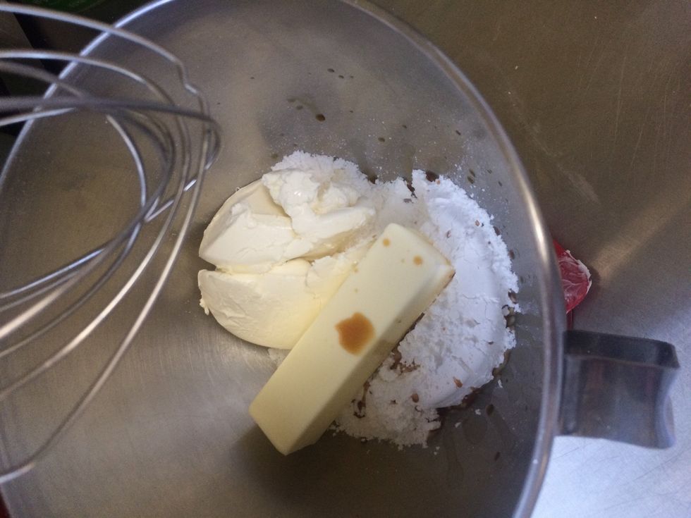 combine confectioners sugar, cream cheese, butter, and vanilla