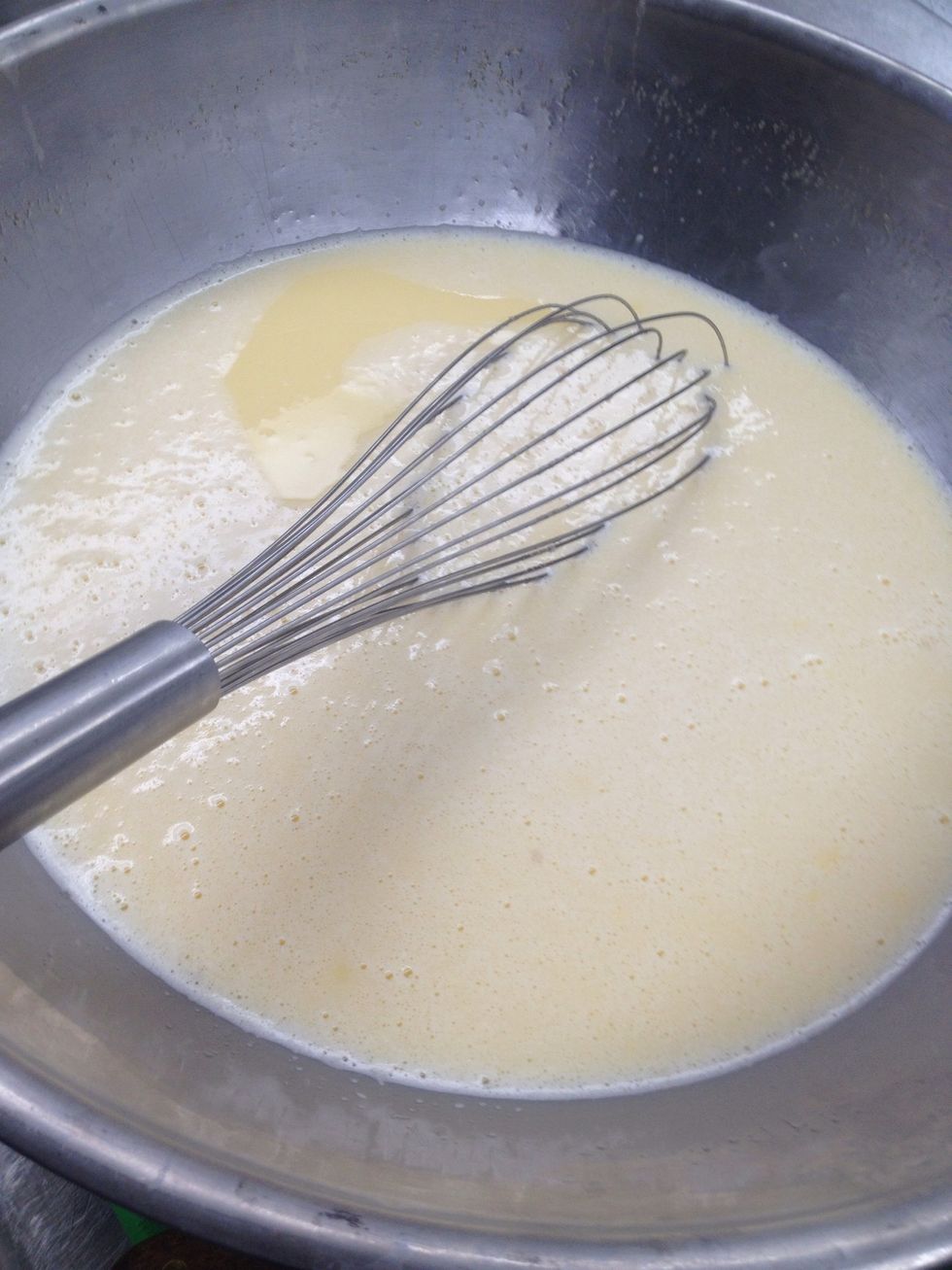 Combine eggs sugar and milk.