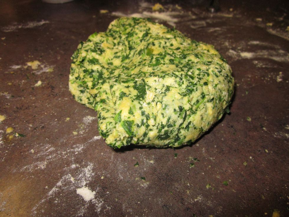 Combine everything into a dough, it will be sticky at first but as you keep kneading it it will become less tacky. Add more flour if necessary