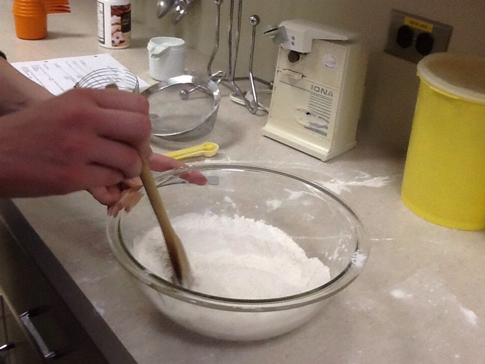 Combine flour, baking powder, sugar and salt in a bowl.