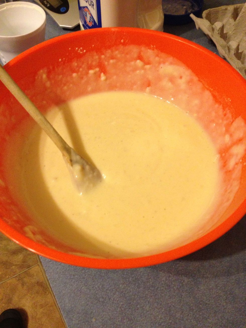 Combine flour, egg and milk with potato mixture. With the milk, just keep adding bit by bit until it makes a thick, but fluid batter. Salt and pepper to your own tastes.