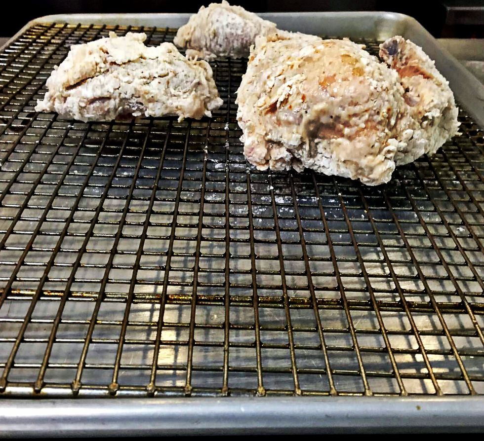 Combine flour, salt and pepper and drench chicken in mixture. Allow to sit at room temperature for 15 minutes before frying.