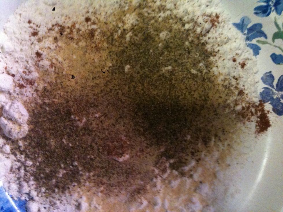 Combine flour, salt, pepper, garlic, onion and paprika and mix it together(you'll want this on a plate or pie dish etc.)