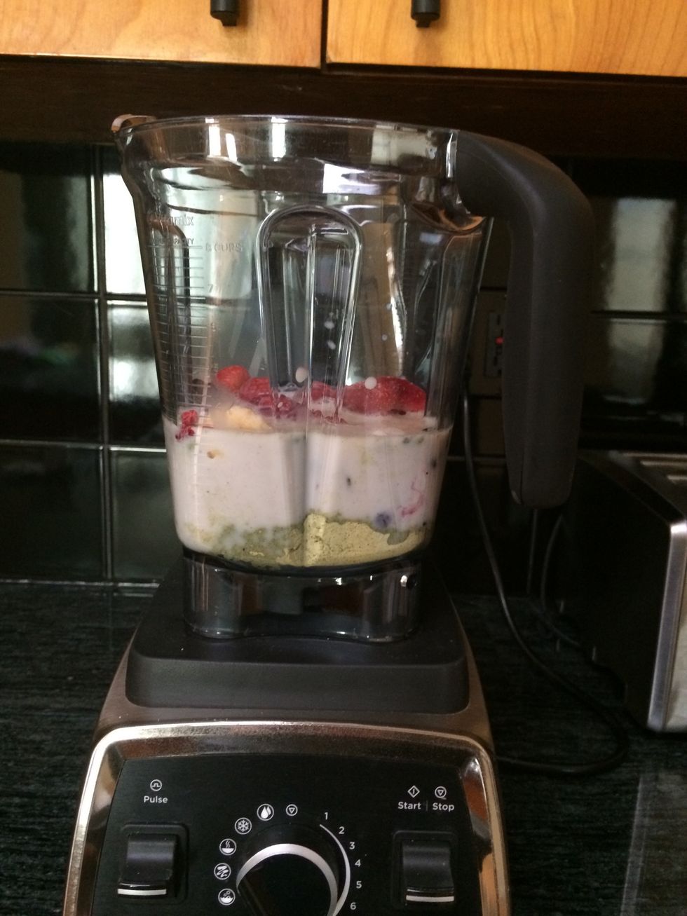 Combine ingredients in a blender. I add the almond milk last and just barely cover the fruit. My favorite almond milk is Califia Farms but I ran out.