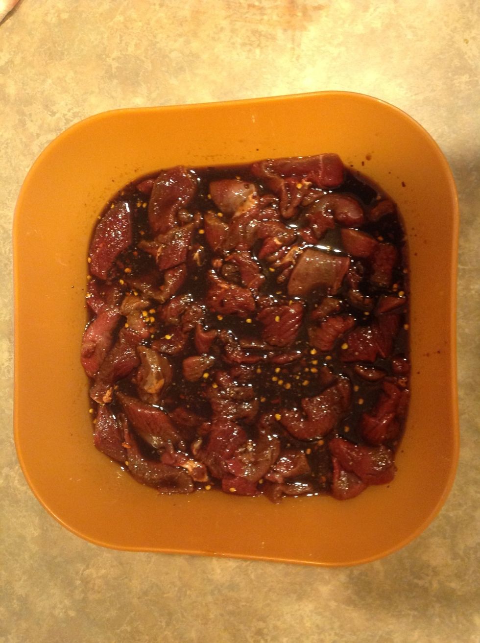 Combine meat and ingredients in a large bowl. Marinate for 12 hours.