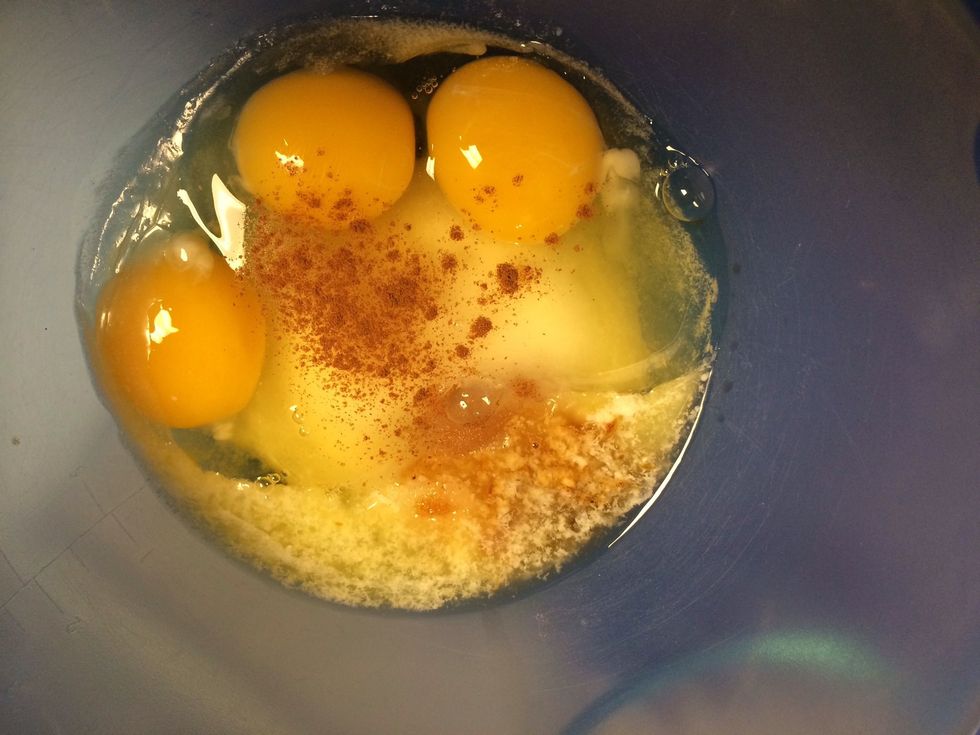 Combine melted butter, sugar, eggs, vanilla extract, salt, and cinnamon