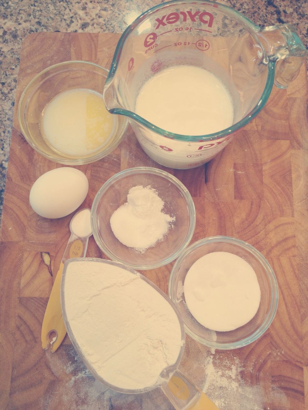 Combine Milk and Vinegar and set aside for 5 minutes to "sour" - Gather the rest of the ingredients