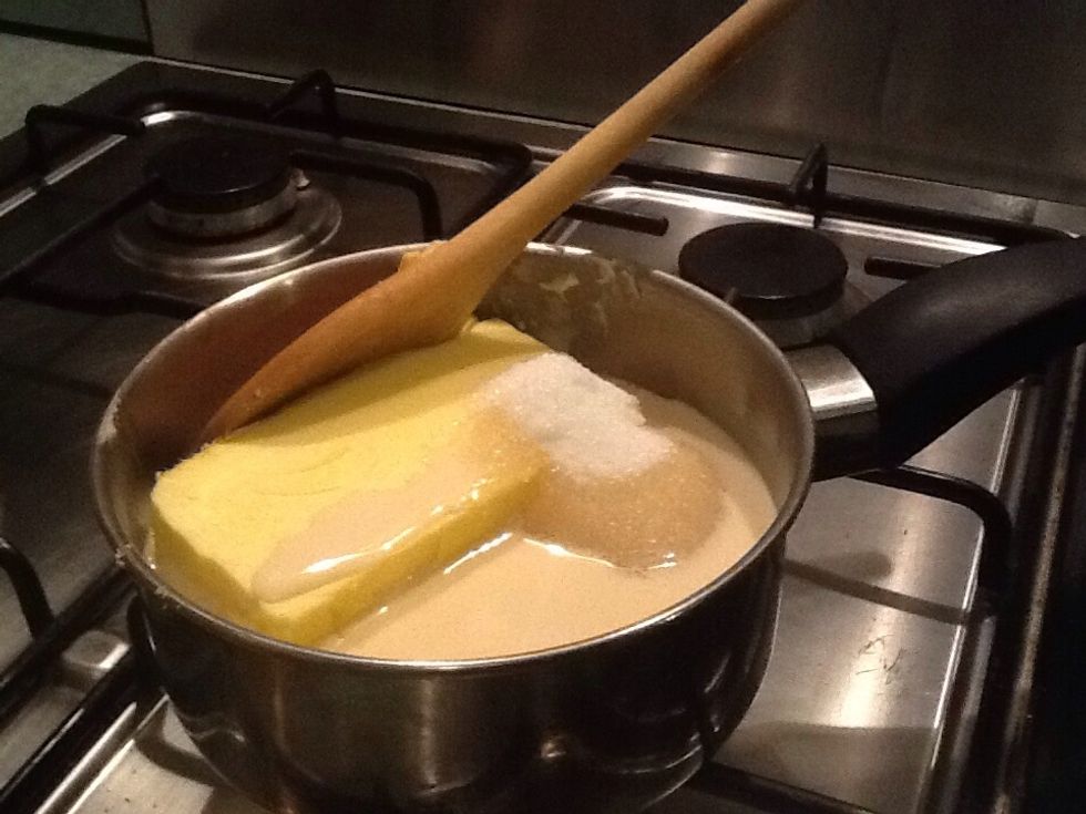 Combine milk, sugar and butter. Bring to boil and cook for 2 minutes stirring constantly
