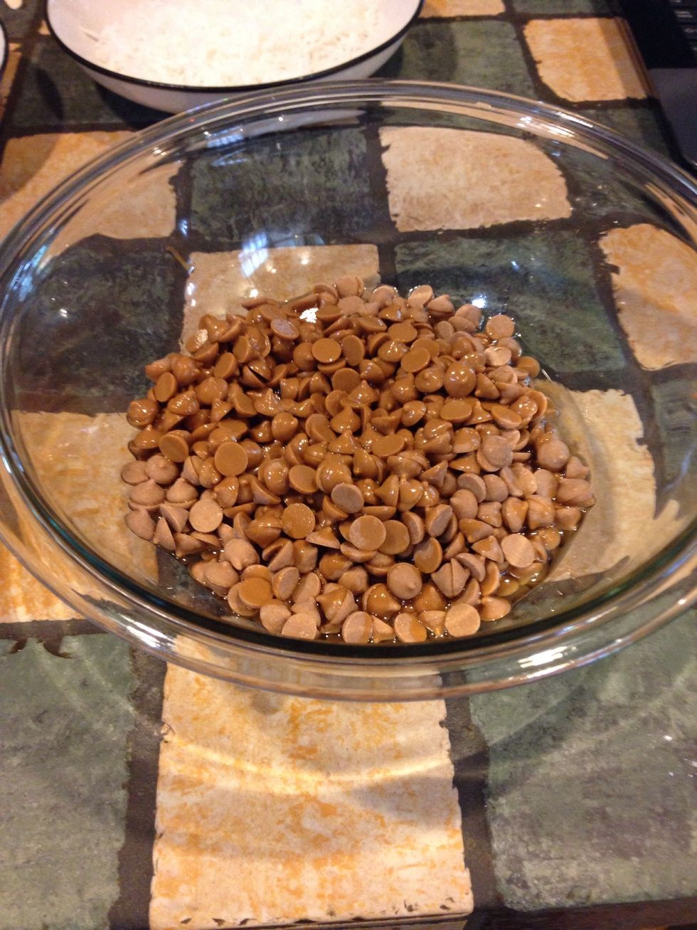 Combine peanut butter chips and vegetable oil in a microwave safe bowl. Heat on high for 1 minute, add an addition 15-30 seconds if the chips are not softened. Stir until smooth.