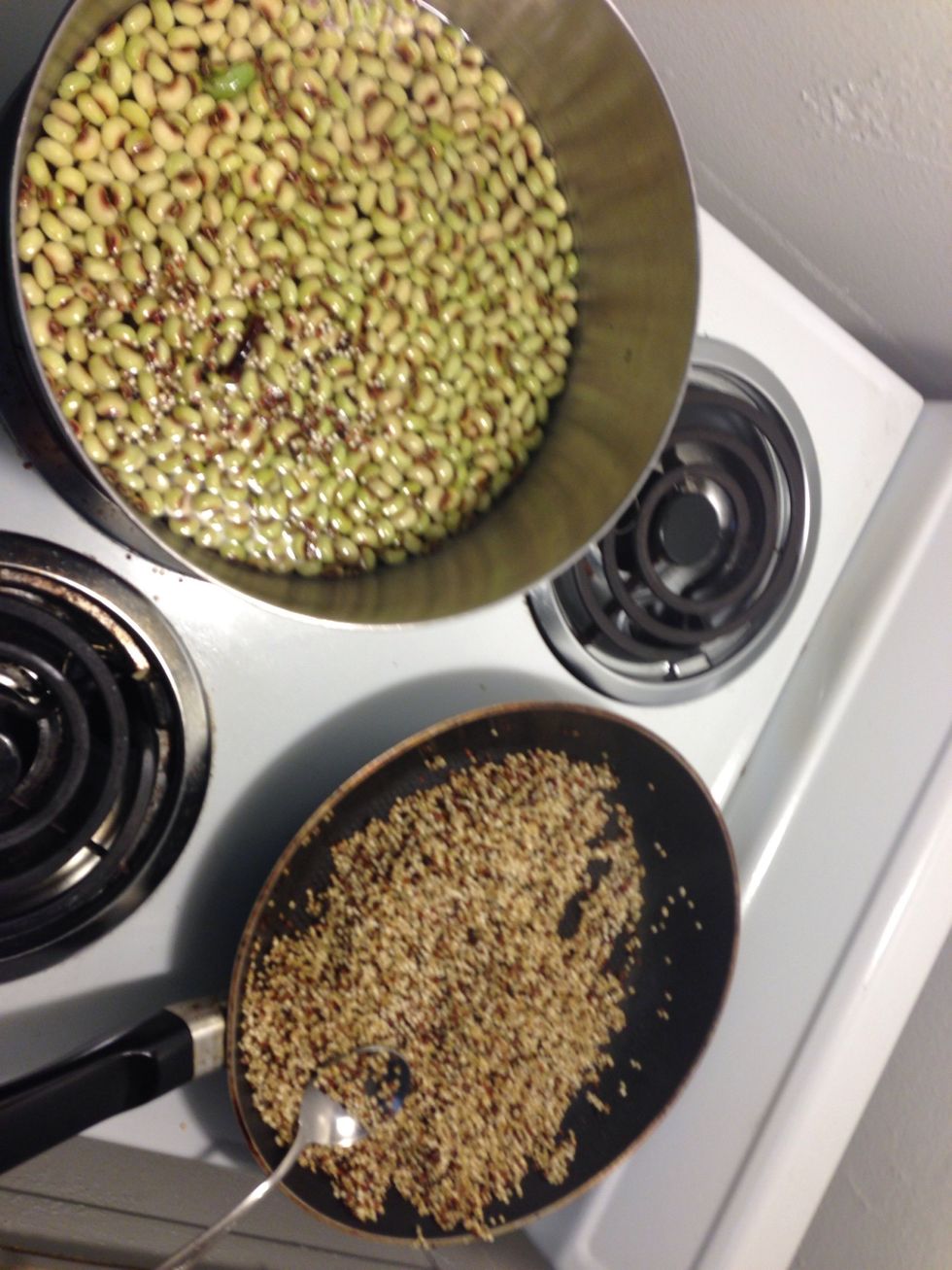Combine peas, salt, pepper & anything else you want to add while toasting quinoa.