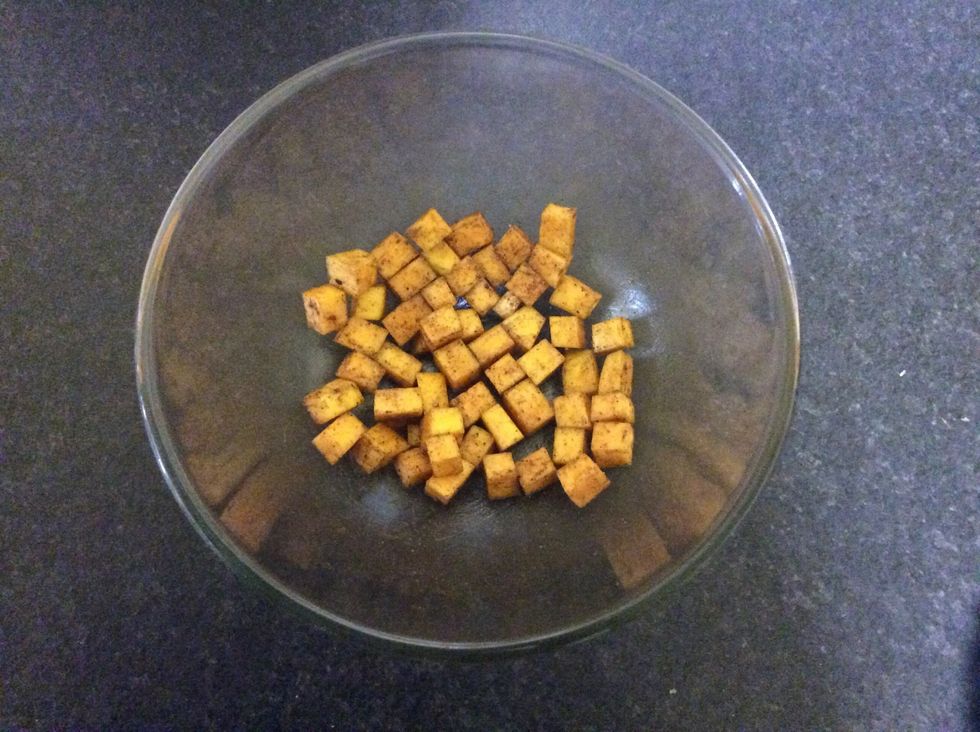 Combine Pumpkin, Olive Oil, Ras al Hanout, Salt and Pepper in bowl and mix thoroughly to coat. Then roast in oven for 20 minutes, turning once at the half way mark.