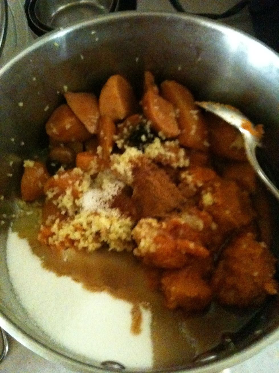 Combine pumpkin puree, yams, sugar, maple syrup, ginger, cinnamon, nutmeg & salt in saucepan; bring to simmer over medium heat, 5 to 7 minutes.