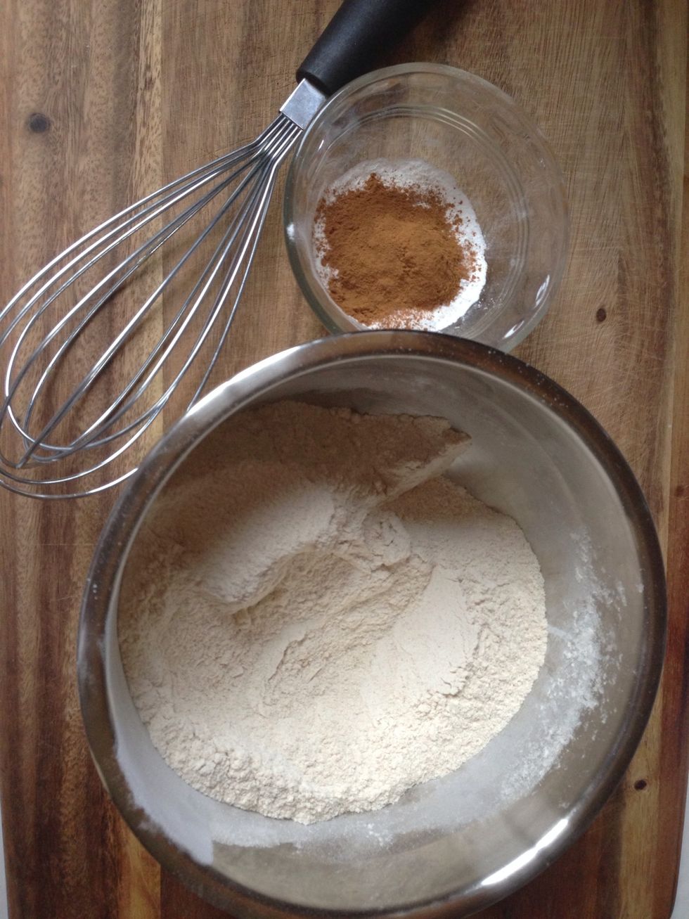 Combine rice flour, quinoa flour, pumpkin spice, ginger, baking powder, baking soda, and salt in a mixing bowl. Mix thoroughly.