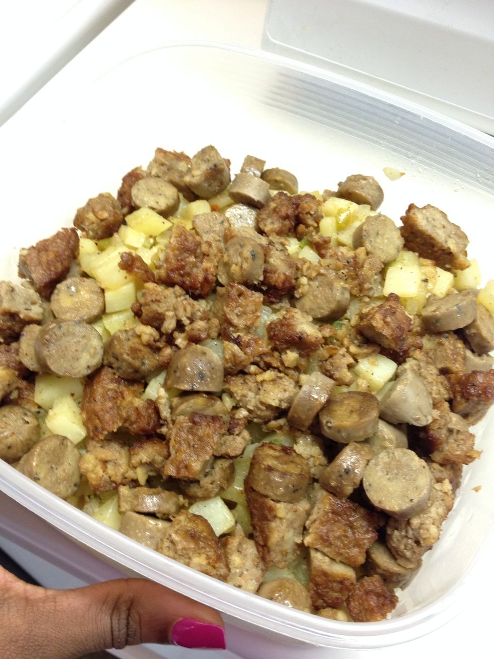 Combine sausage and potato mixture.