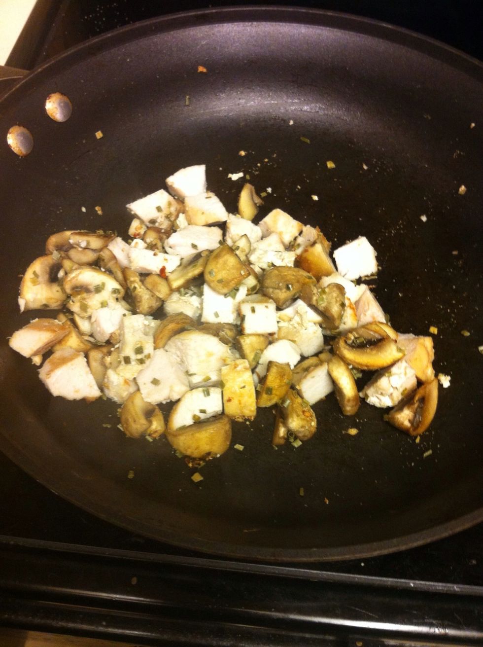 Combine saut\u00e9ed mushrooms and chicken/turkey. Season as desired.