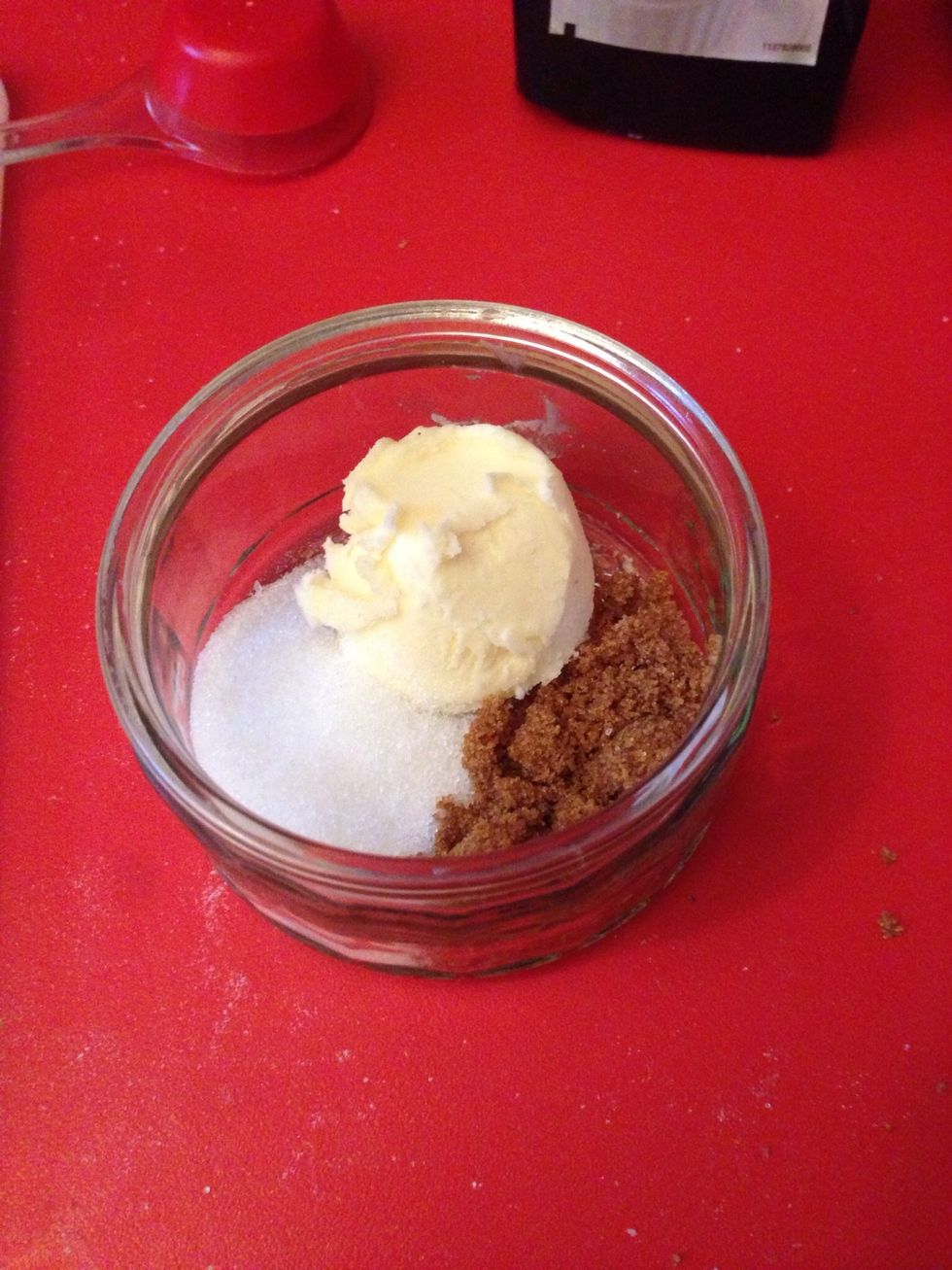 Combine softened butter and both sugars