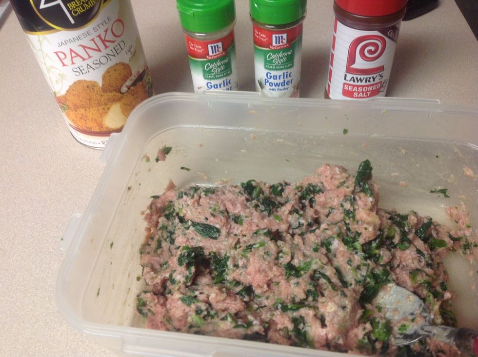 Combine spinach, seasonings, breadcrumbs, and egg to your ground turkey.