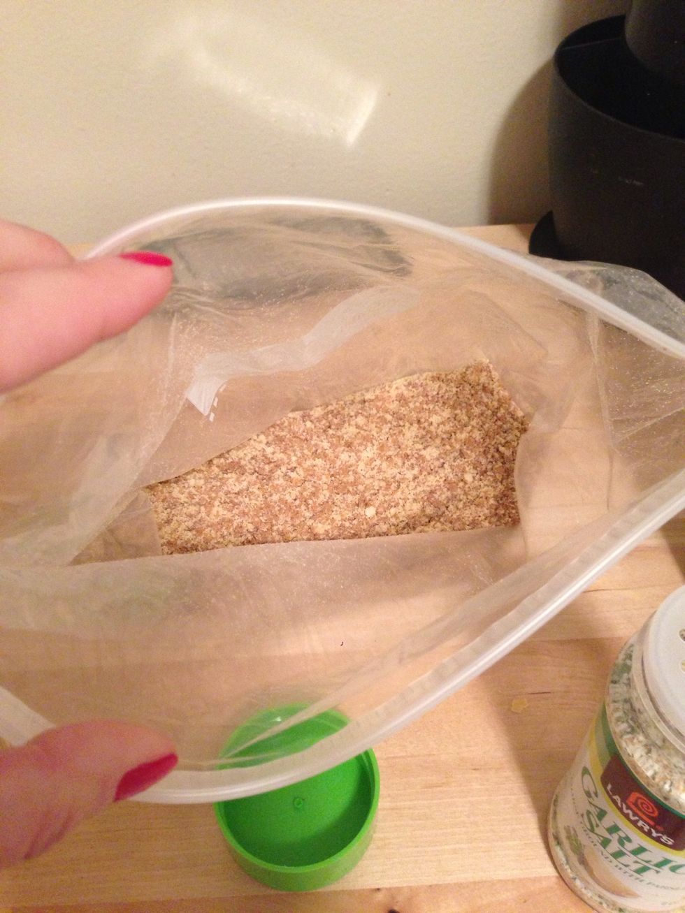 Combine the bran flakes and Parmesan cheese. I put it in a big ziplock bag so it is easy to shake up.