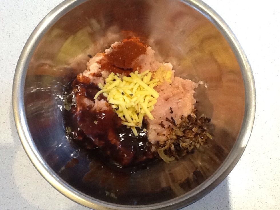 Combine the cheese, paprika, onion, garlic powder, pepper, salt and the BBQ sauce. (Note you can cook the onions if you want to).