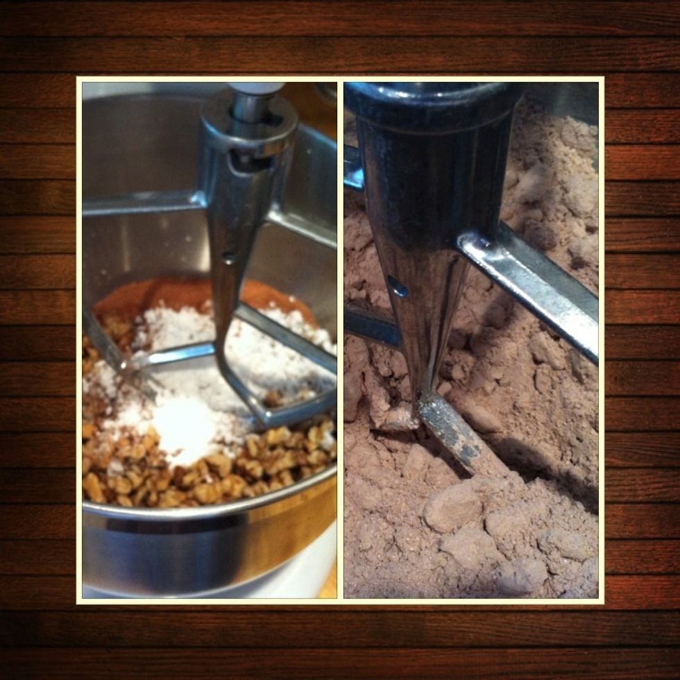 Combine the cocoa powder,confectioners'sugar, salt and walnuts in electric mixer with paddle attachment. Mix on low speed for 1 minute.if you do not have a mixer, you can use a spatula to mix.