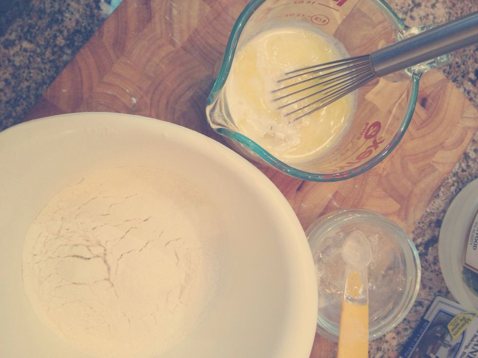 Combine the "Dry Ingredients" in a mixing bowl. Whisk egg and butter into the "soured" milk