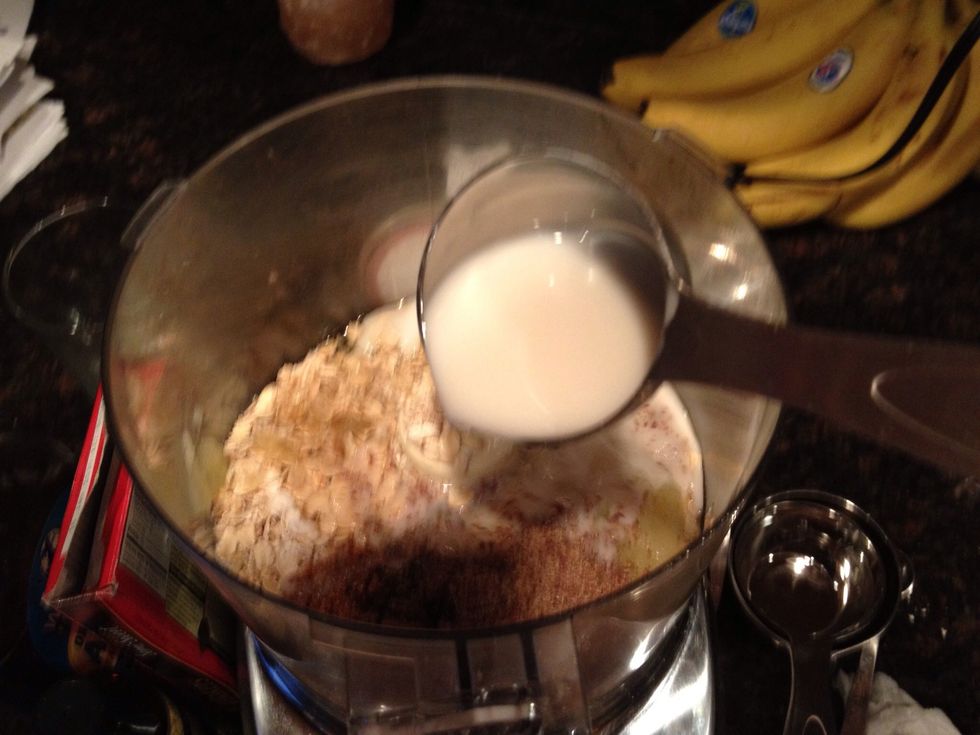 Combine the first 10 ingredients (oats, apple sauce, baking soda, salt, agave or honey, vanilla, coconut oil, brown sugar, ground flax, milk and chocolate chips) in the bowl of a food processor