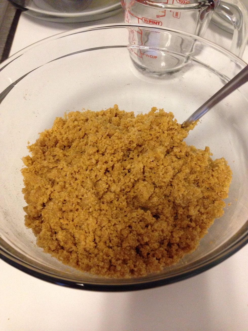 Combine the graham cracker crumbs with the melted butter and sugar - make sure all crumbs are coated evenly
