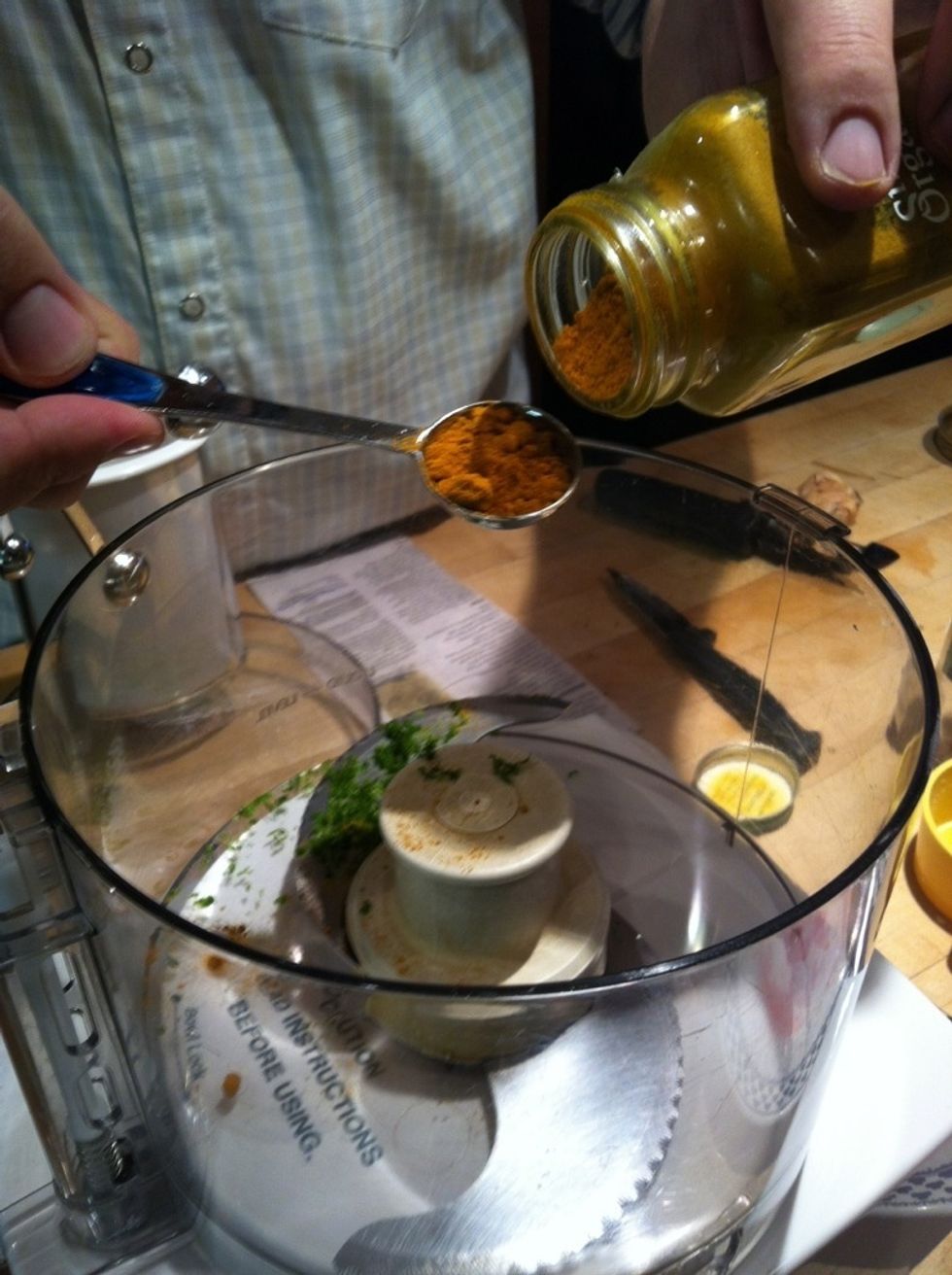 Combine the lime zest, turmeric, ginger, lemon grass, and garlic in a blender or cuisinart, along with 1/2 cup of the still cooling vinegar mixture. Pur\u00e9e, adding more vinegar mix until it's smooth.