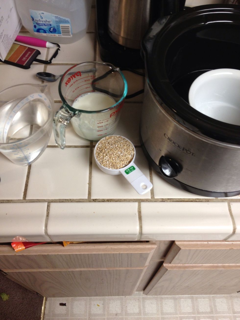 Combine the oats, milk and water in a heatproof dish that is big enough for ingredients (I used a small fondue pot!) then put water around the dish so that it's about 2/3 of the way up the side of it.