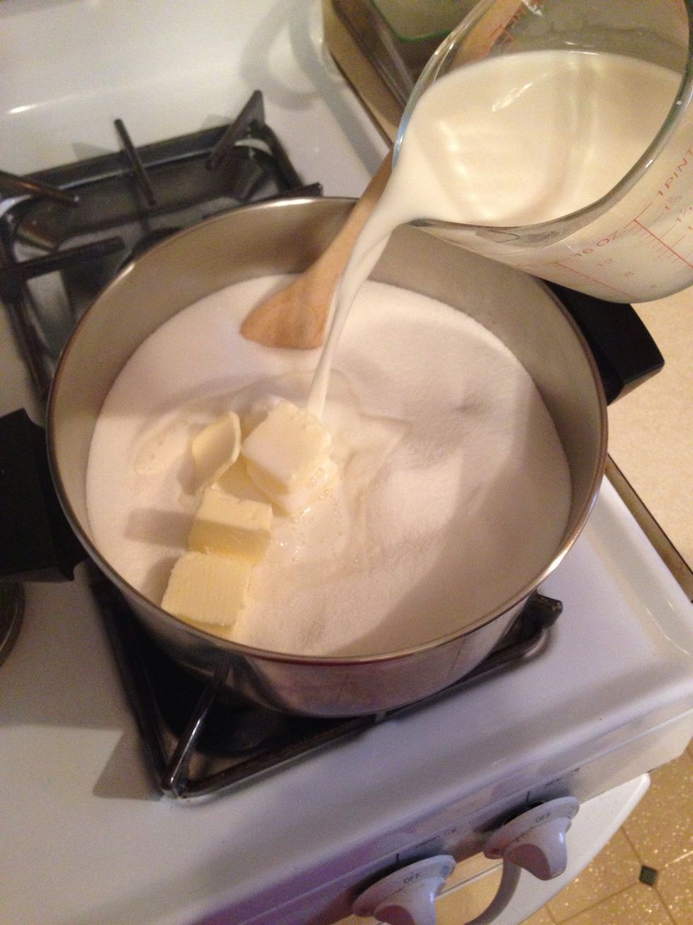 Combine the sugar, butter, and milk in a large pan
