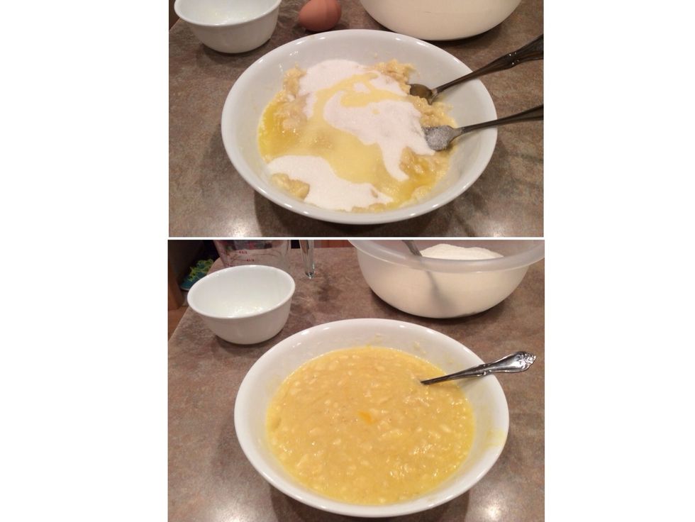 Combine the sugar, egg and melted butter with the mashed bananas