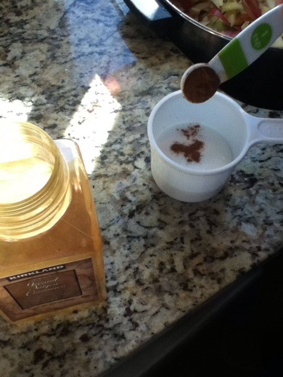 Combine the Tbs of flour, white sugar, and cinnamon into a small bowl *my family doesn't like it as sweet, so I put in a heaping 1/2 cup of white sugar instead of the full cup