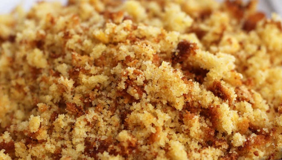 Combine the walnuts & breadcrumbs. Add the baking powder, cinnamon, nutmeg & clove. Then stir this into the earlier buttery mixture. Mix mix mix until you get an even colour & texture
