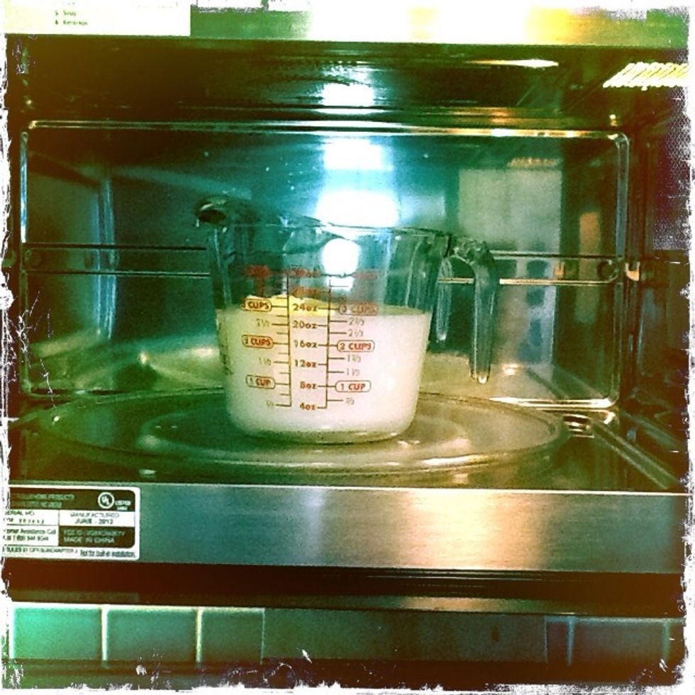 Combine the water,milk and fat in a large vessel and warm in the microwave.