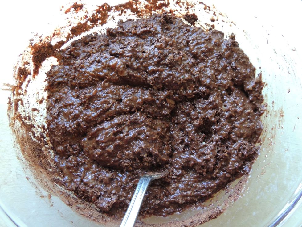 Combine the wet and dry ingredient mixtures.  It should look similar to this if you used almond flour.  Whole wheat will make a smoother consistency.