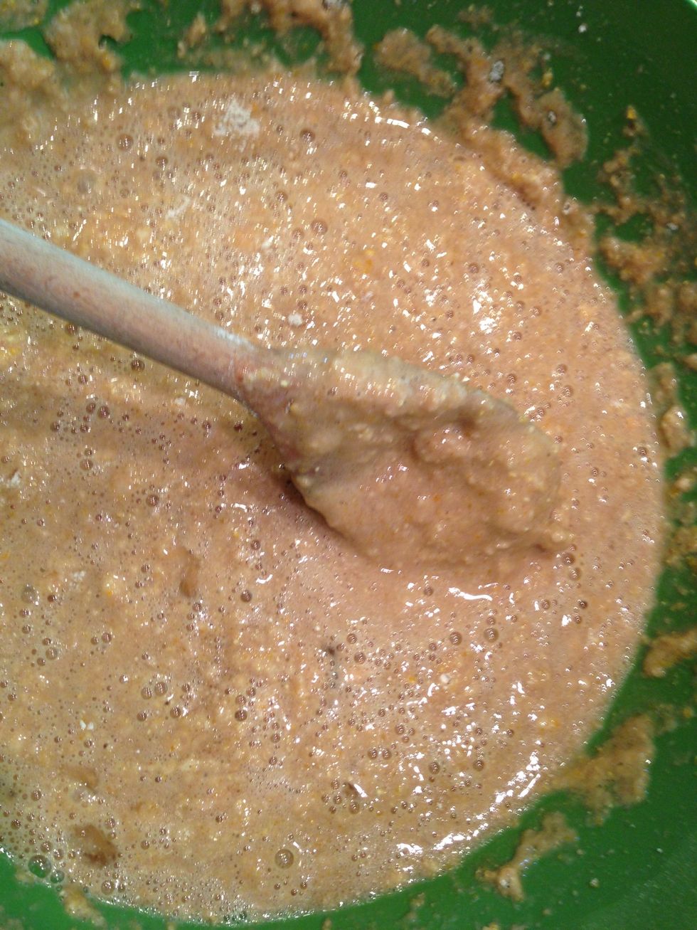 Combine wet and dry ingredients and stir until just blended. Don't over mix! This is more like making biscuits than brownies.