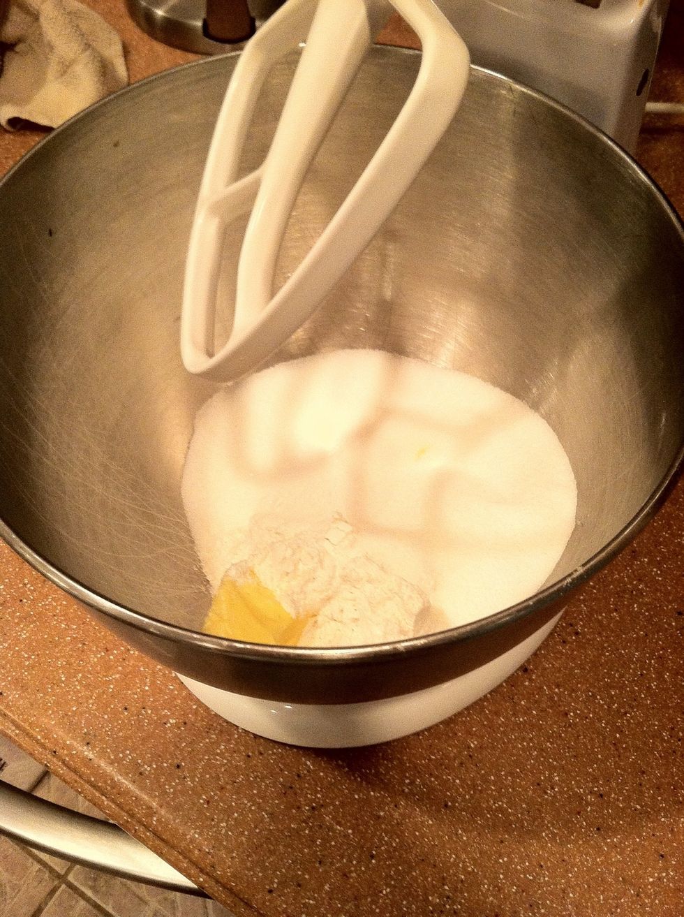 Combine your flour, sugar, salt and softened butter in a electric mixer and beat until combined.