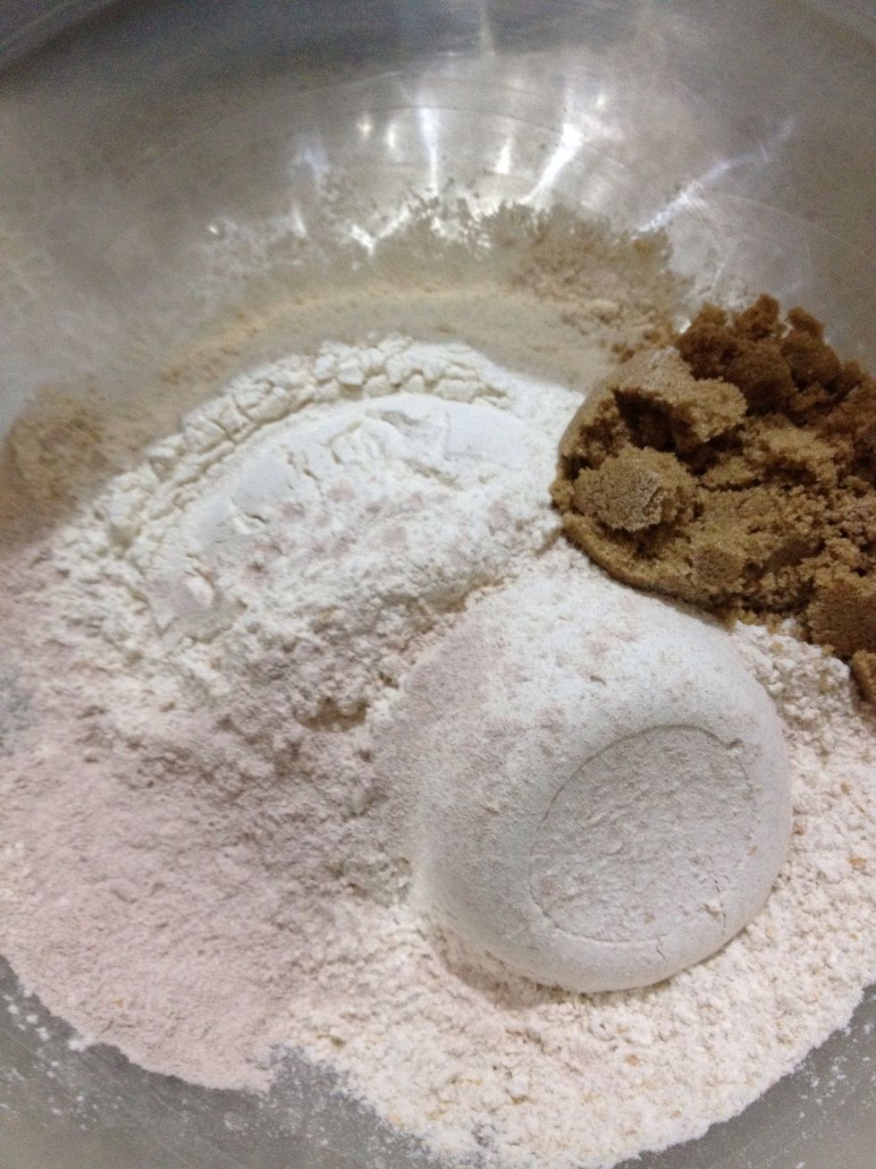 Combine your flours, cinnamon and sugar together in a large bowl