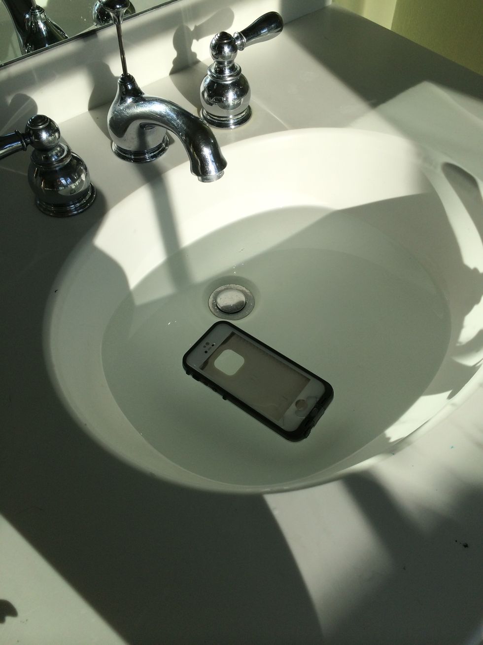 Completely submerge your iPhone in the sink of water for 30 minutes. Make sure your phone is somewhere safe where it will not get wet, and not IN the case.