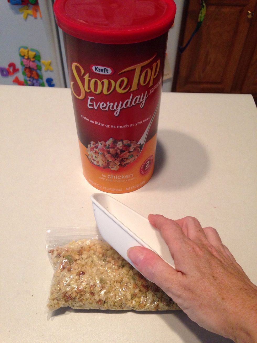 Confession: I didn't have any bread crumbs, so I used dry Stove Top Stuffing mixed with Panko bread crumbs, crushing it in a ziplock bag with the back of a measuring spoon.