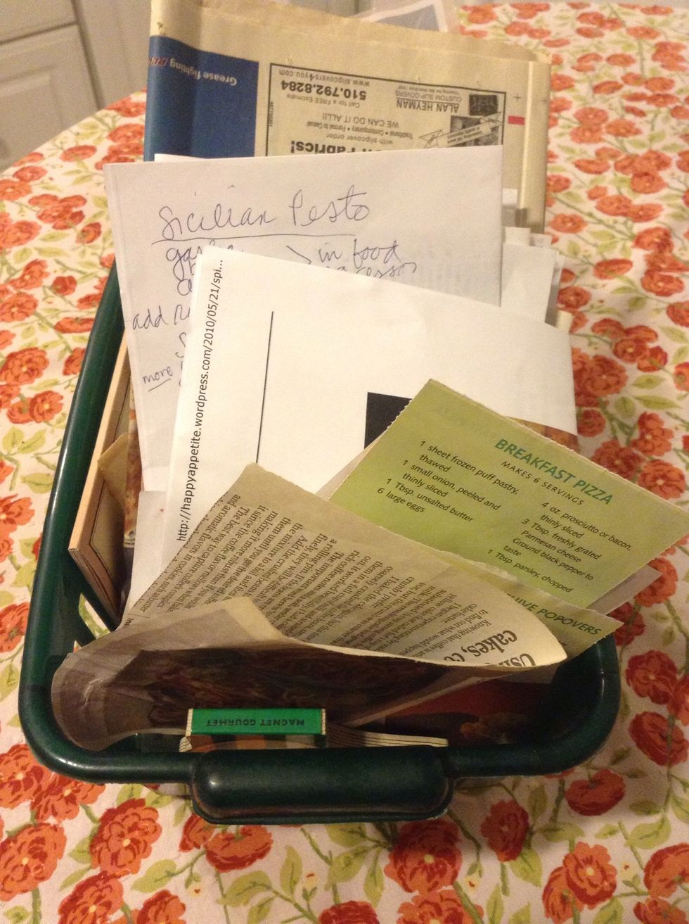 Confession: When I find a recipe I want to try or if I've come up with a recipe of my own that I want to remember, I put it in this basket. Later when I want to find it, I have to search in this mess!