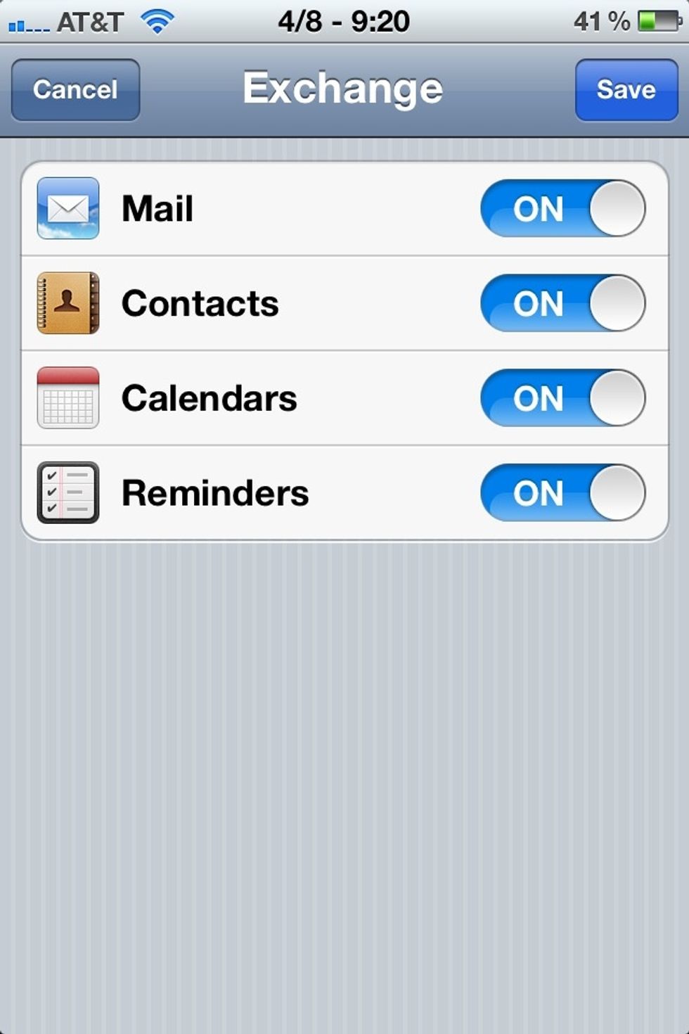 Confirm that all items are turned ON, and tap Save. You're finished setting up your account. Next, we'll make sure you're using Office365 as your default account for mail, contacts, and calendars.