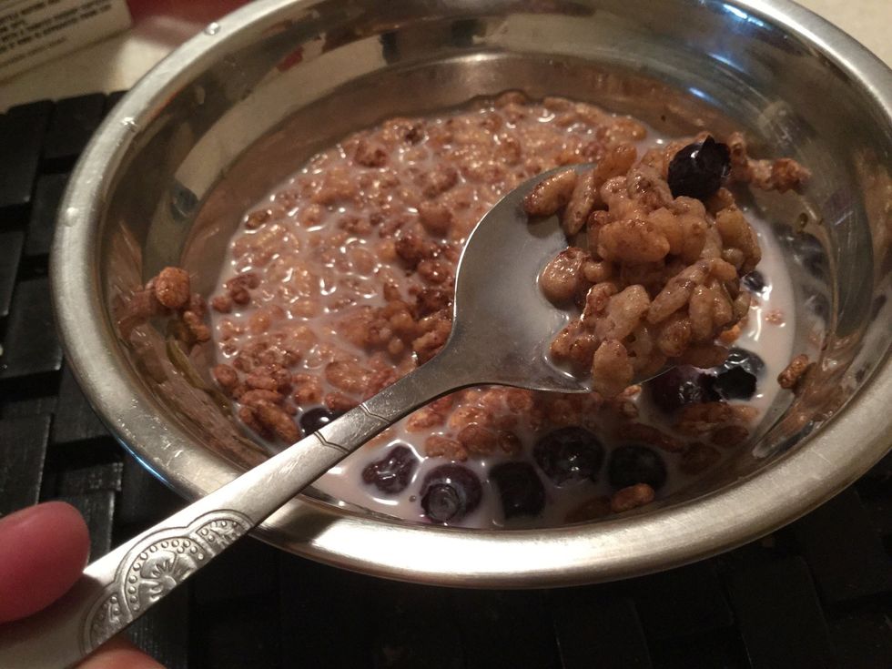 Congratulation, you have finished making your cereal. Next time try to put some other fruit to make it more delicious. Cereal can improve your health. Have a marvellous time eating your cereal.