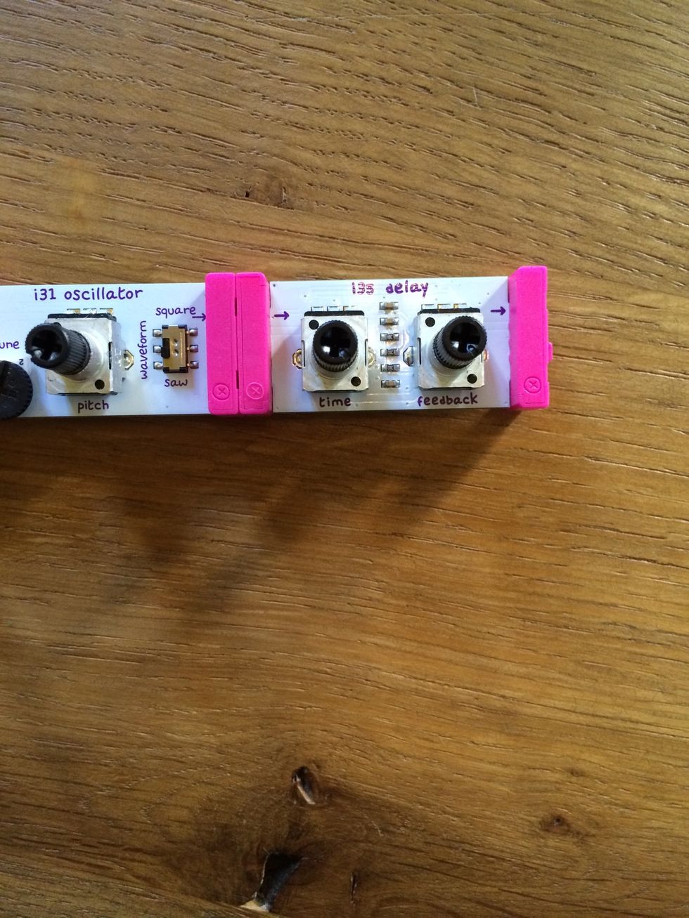 Connect a i35 delay to the second oscillator. This will add a delay effect to the audio.