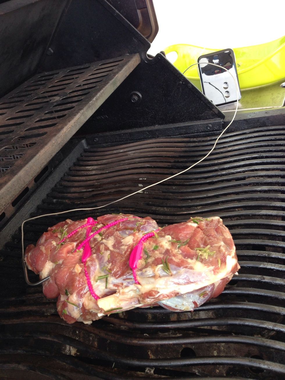 Connect a monitoring thermometer, prep bbq to 225-250F for indirect heat, and let the meat reach a nice and slow 110F. No need to turn.